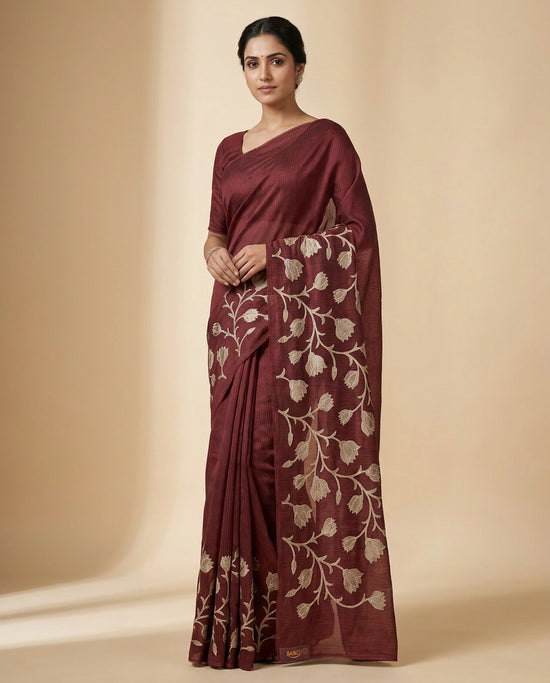 Navy Kota Doria Saree with Ethnic Floral Hand Embroidery Work - Rangoli India