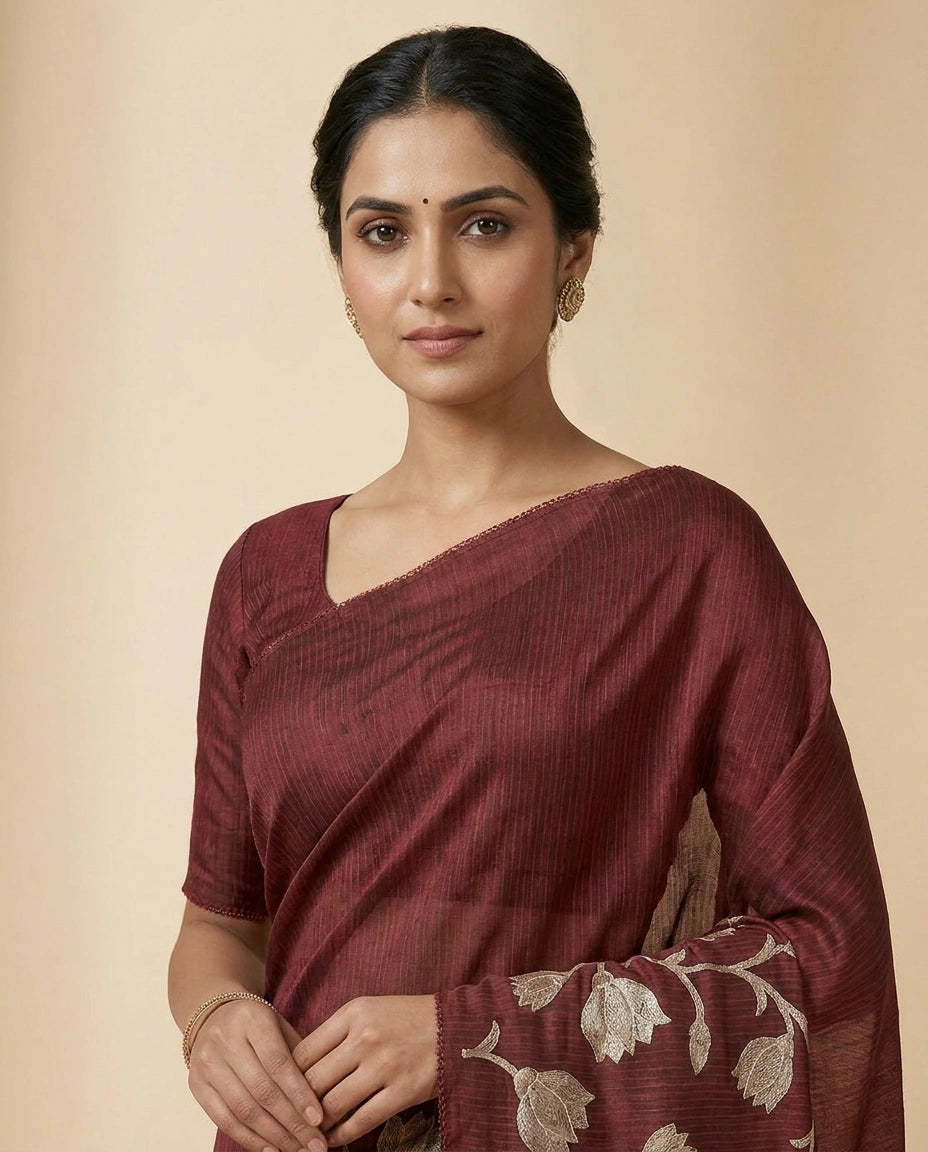 Navy Kota Doria Saree with Ethnic Floral Hand Embroidery Work - Rangoli India