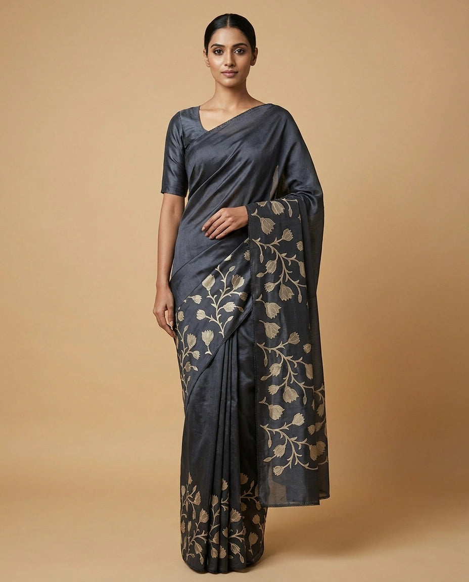 Navy Kota Doria Saree with Ethnic Floral Hand Embroidery Work - Rangoli India