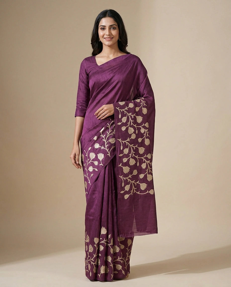Wine Kota Doria Saree with Ethnic Floral Hand Embroidery Work