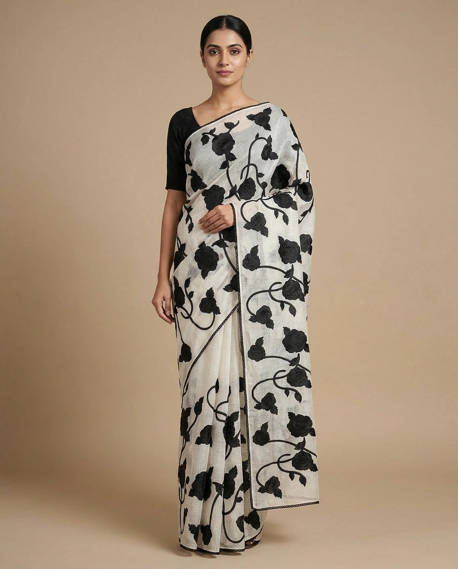 Off White/Black Kota Saree with Lightweight Embroidery Border and Pallu