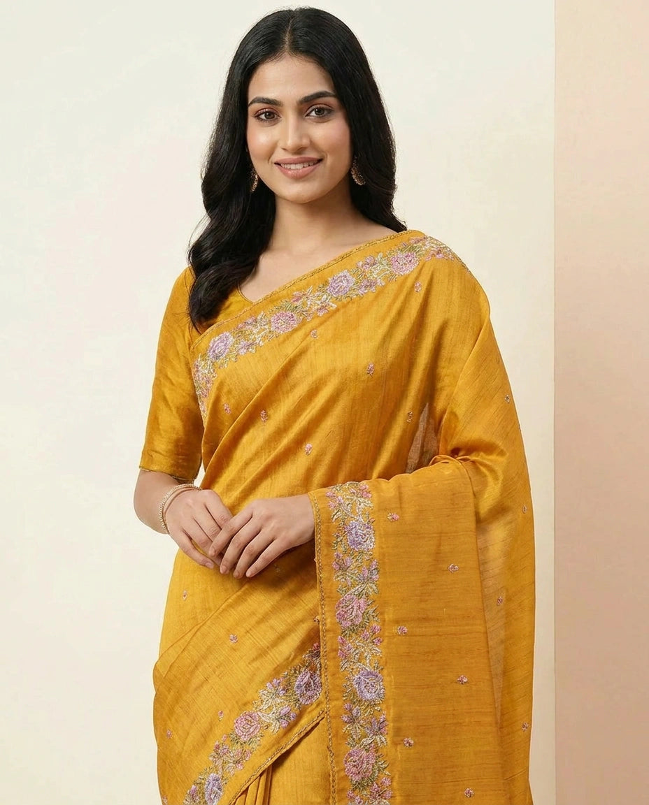 Hand-Embroidered Tussar Silk Saree with Floral Motif Work view 2