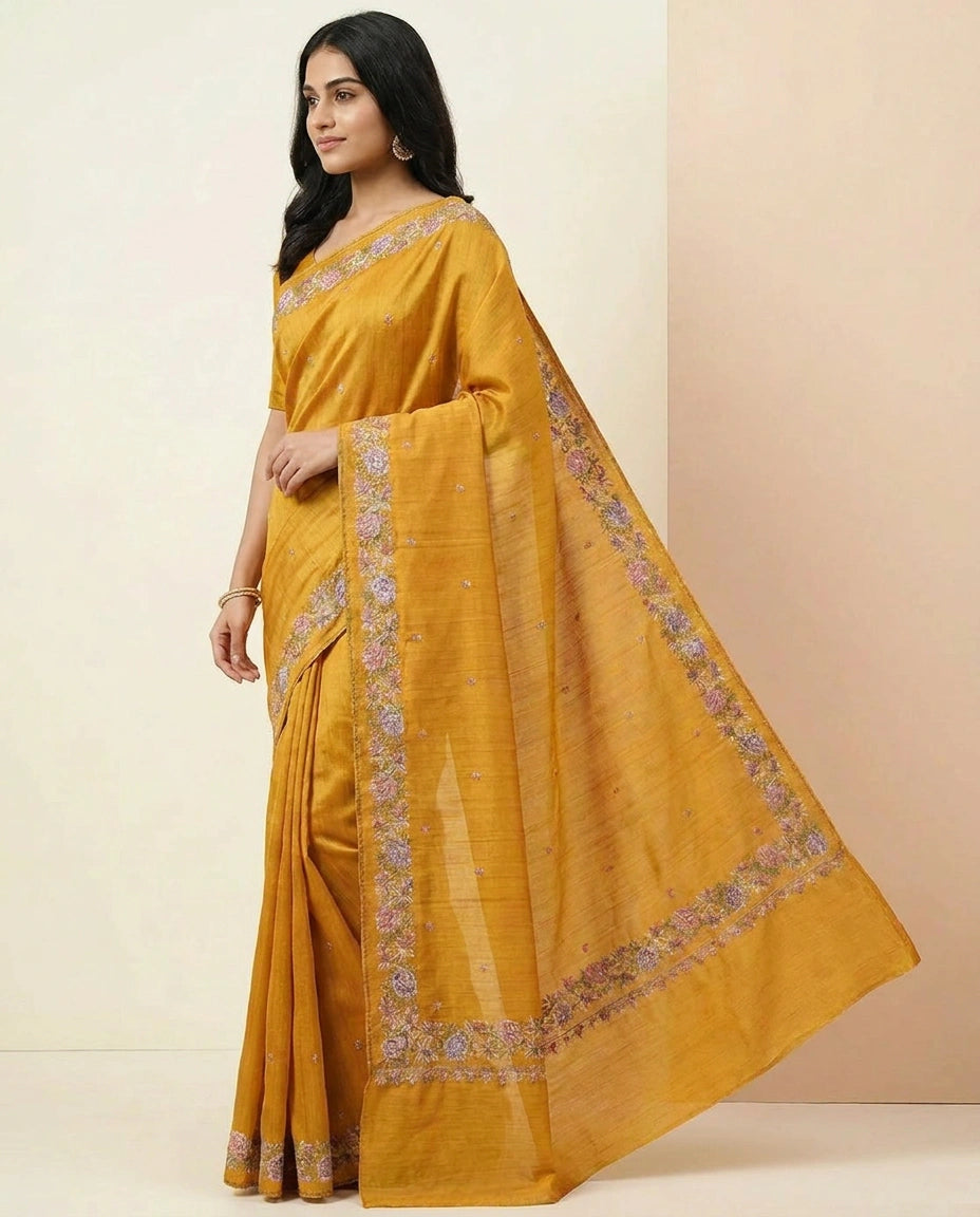 Hand-Embroidered Tussar Silk Saree with Floral Motif Work view 3