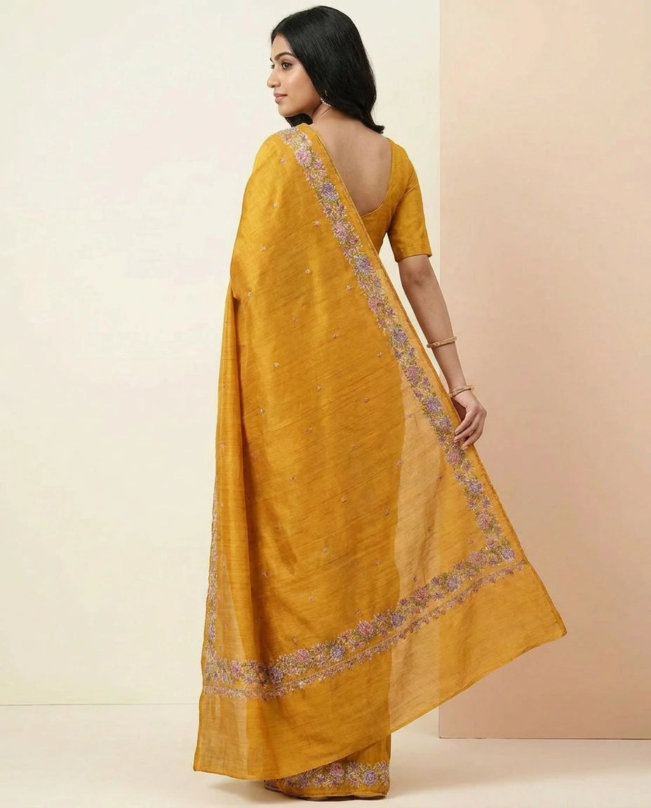 Hand-Embroidered Tussar Silk Saree with Floral Motif Work view 4