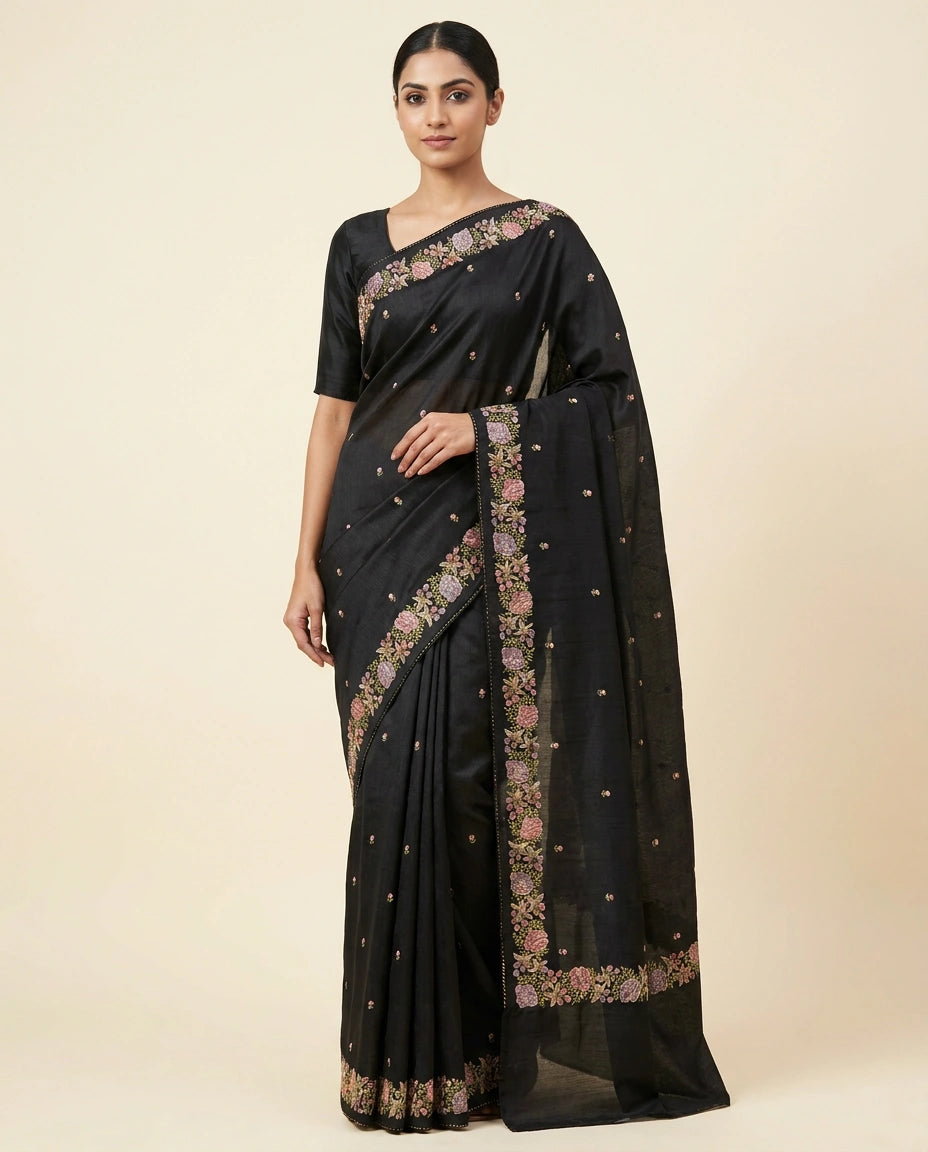 Hand-Embroidered Tussar Silk Saree with Floral Motif Work view 5