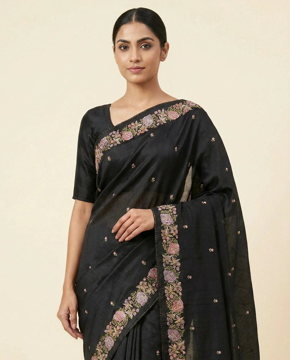 Black Hand-Embroidered Tussar Silk Saree with Floral Motif Work - Rangoli India