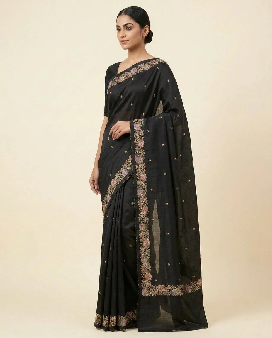 Black Hand-Embroidered Tussar Silk Saree with Floral Motif Work - Rangoli India