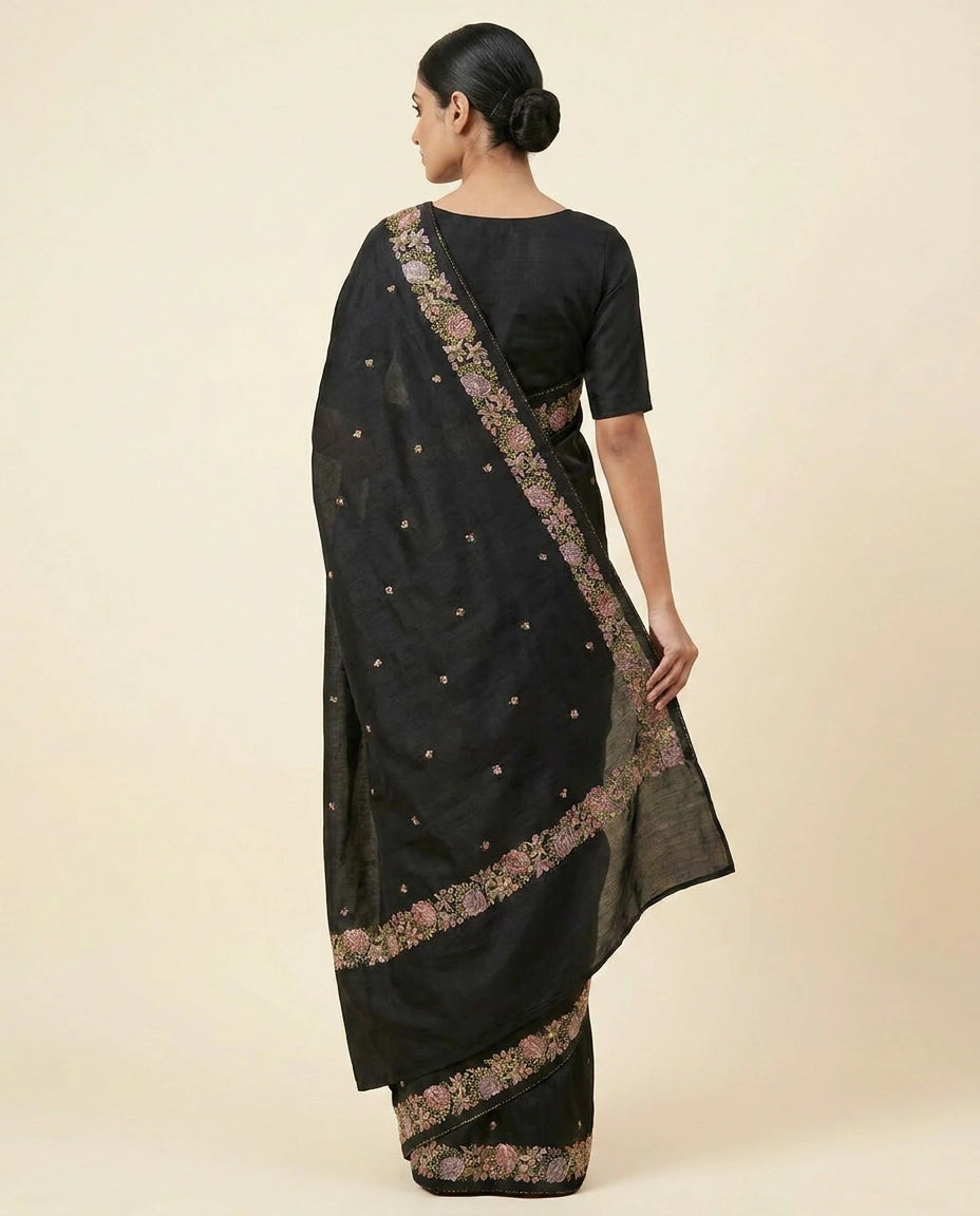 Black Hand-Embroidered Tussar Silk Saree with Floral Motif Work - Rangoli India