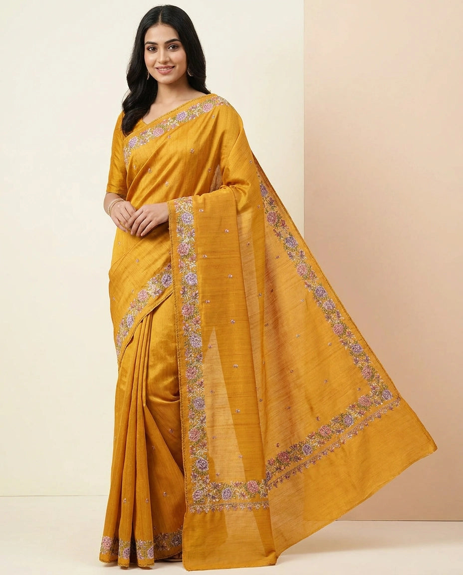 Black Hand-Embroidered Tussar Silk Saree with Floral Motif Work