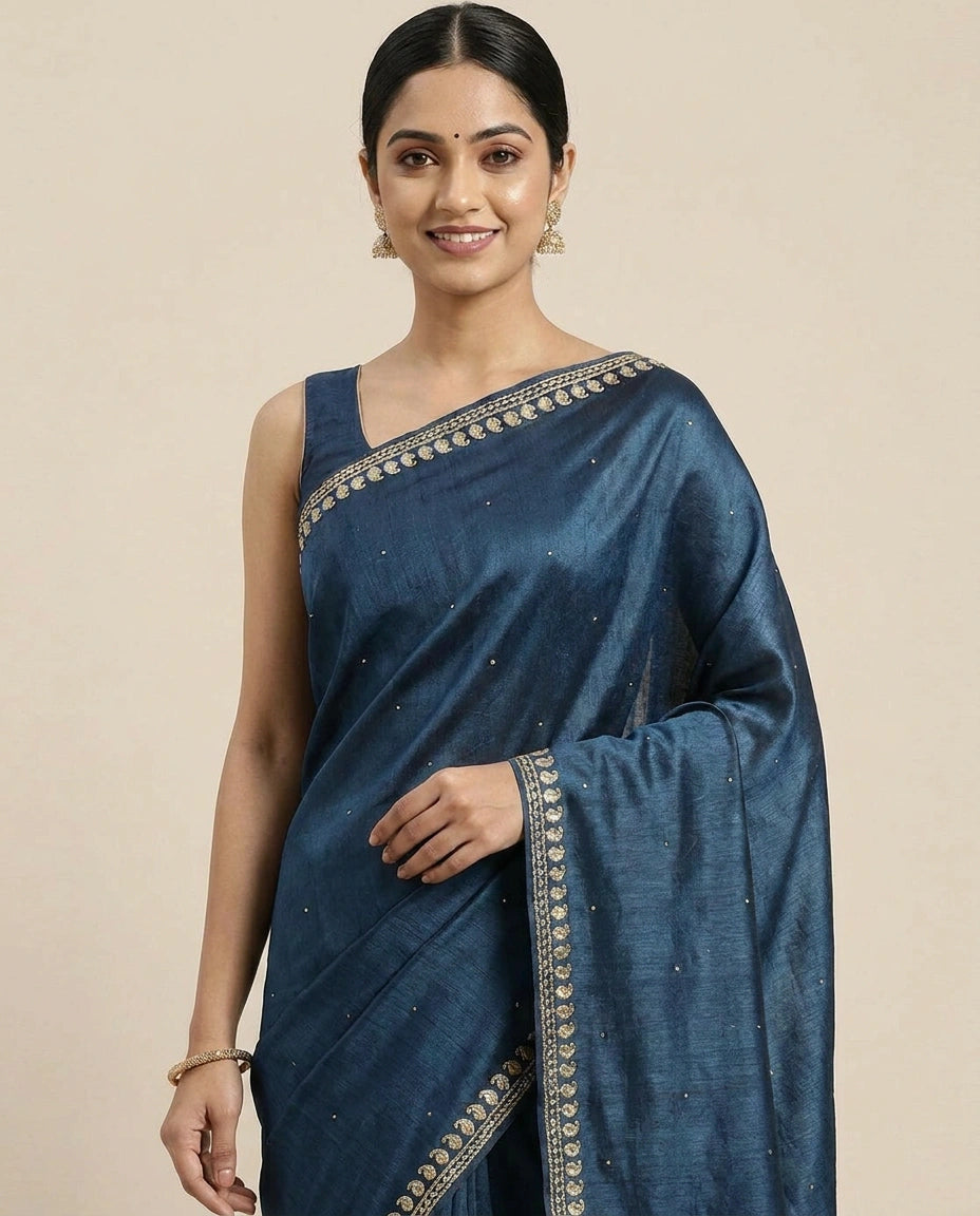 Tussar Silk Embroidered Saree with Border - Rangoli India