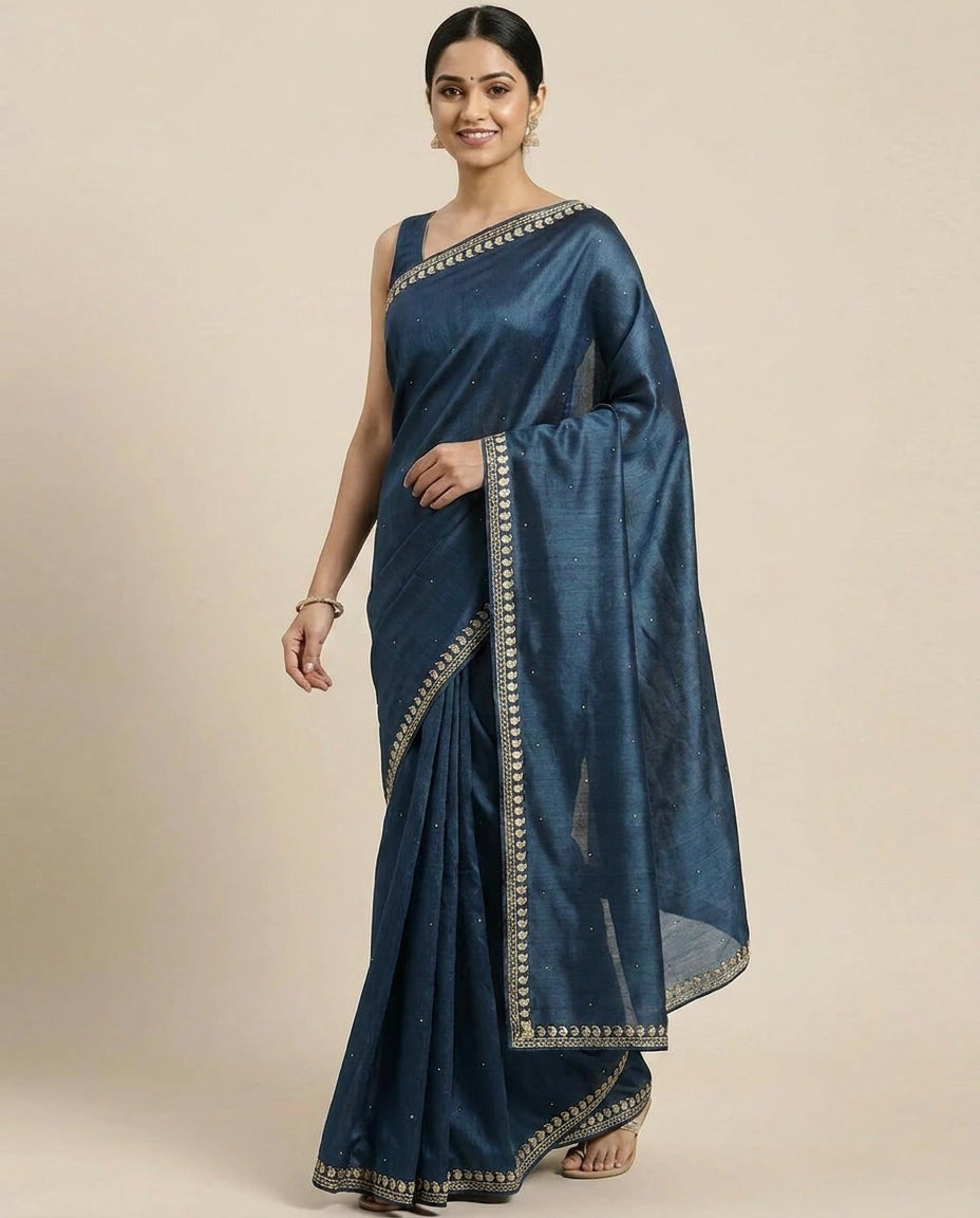 Tussar Silk Embroidered Saree with Border - Rangoli India