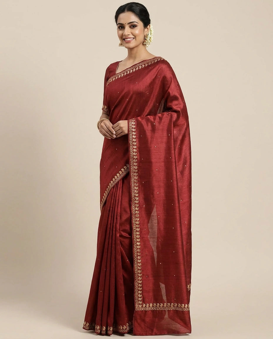 Tussar Silk Embroidered Saree with Border - Rangoli India
