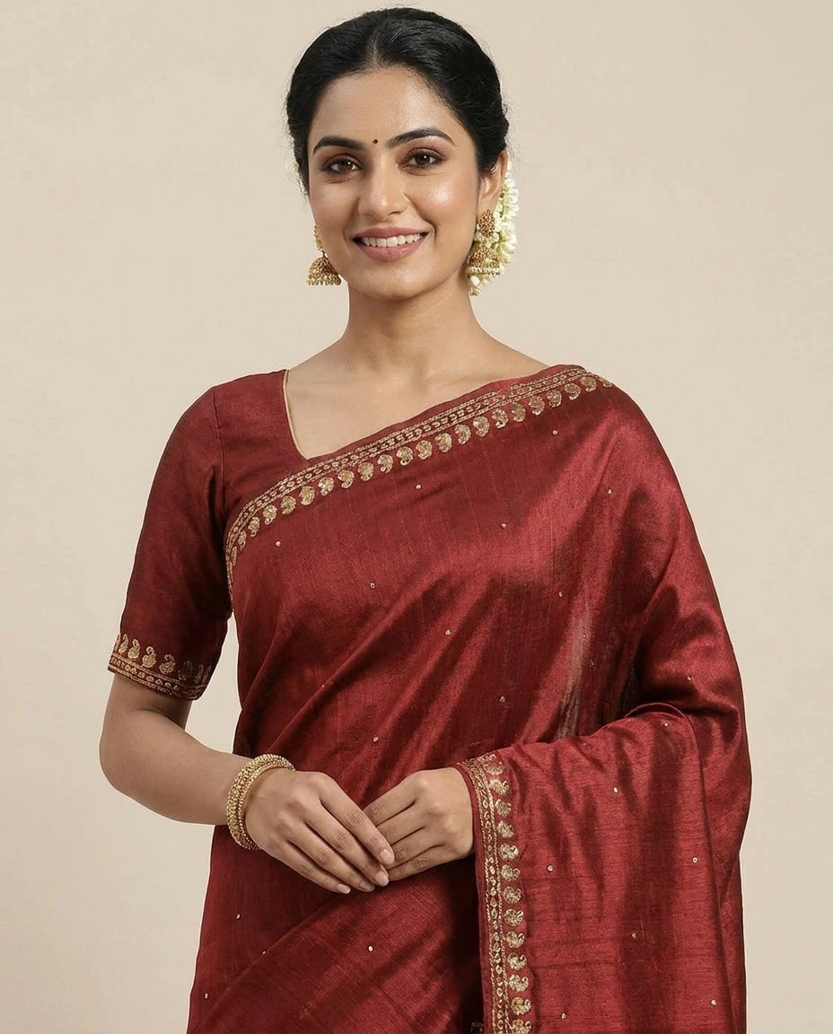 Tussar Silk Embroidered Saree with Border - Rangoli India