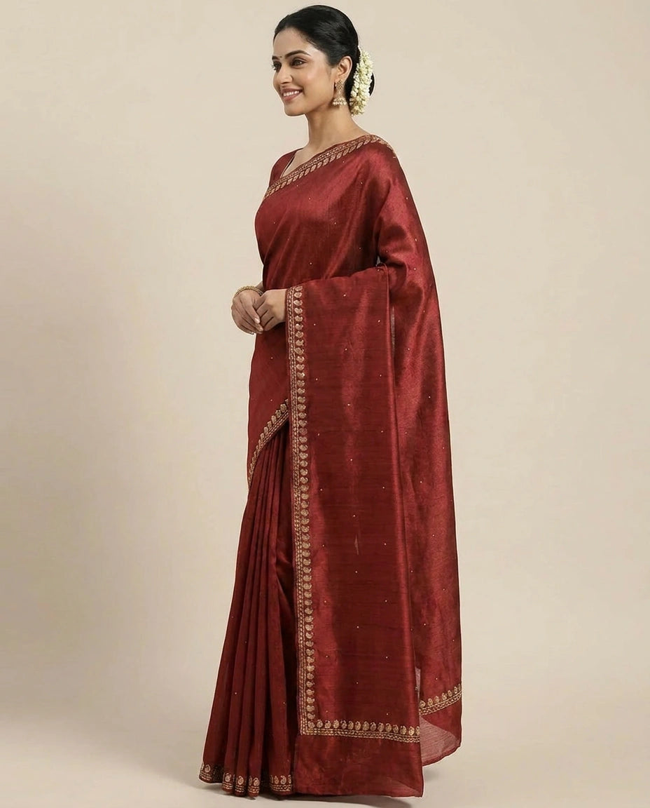 Tussar Silk Embroidered Saree with Border - Rangoli India