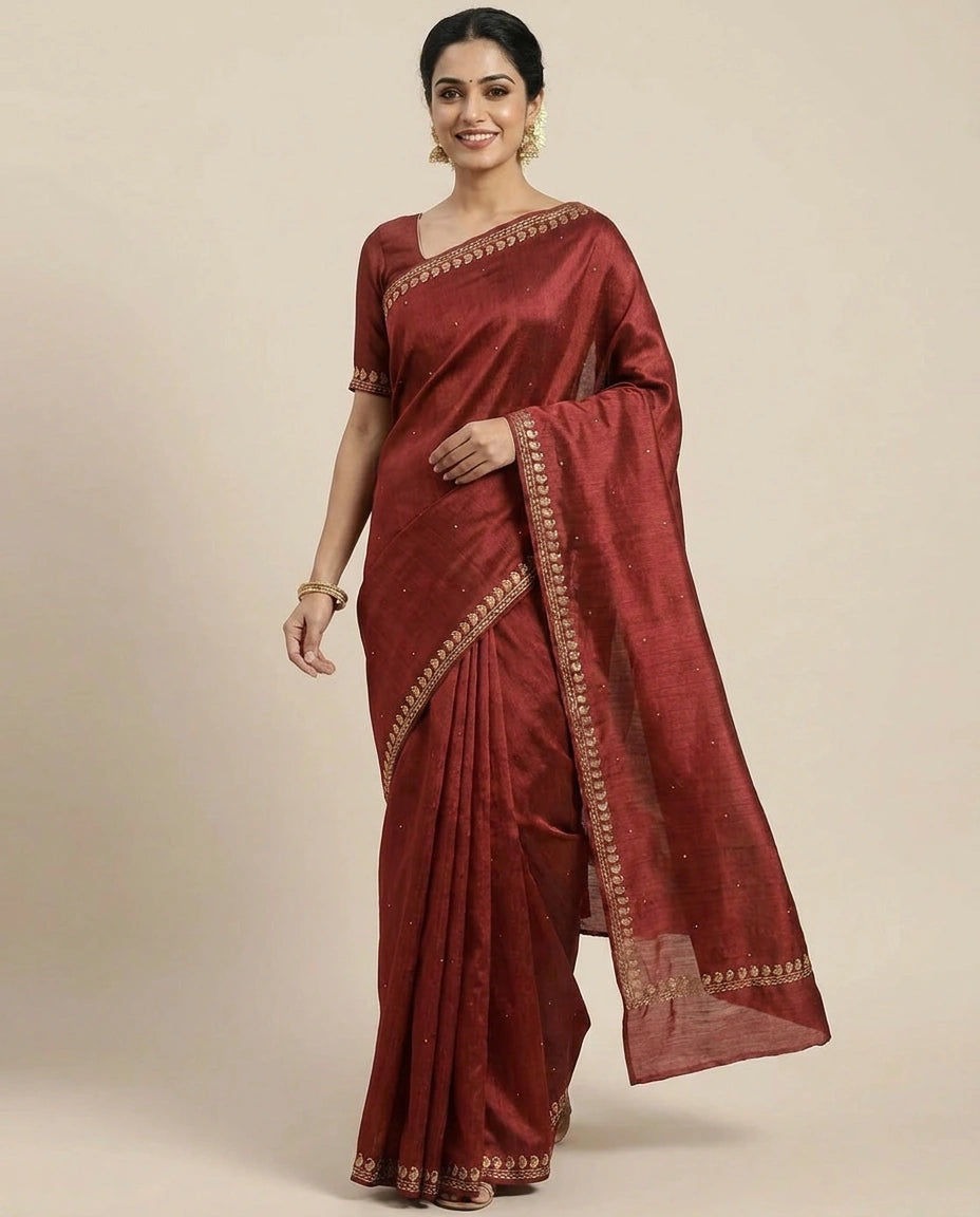 Tussar Silk Embroidered Saree with Border - Rangoli India