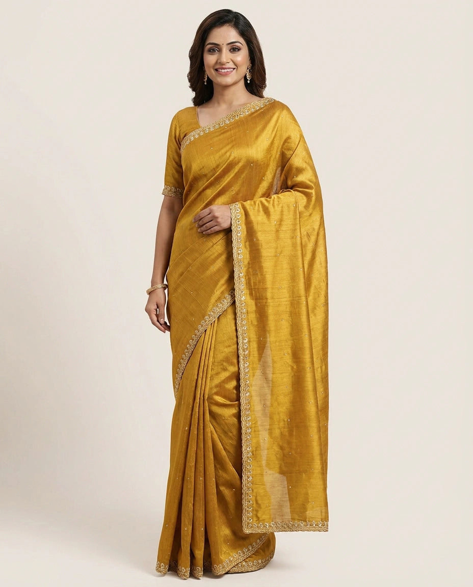Tussar Silk Embroidered Saree with Border - Rangoli India