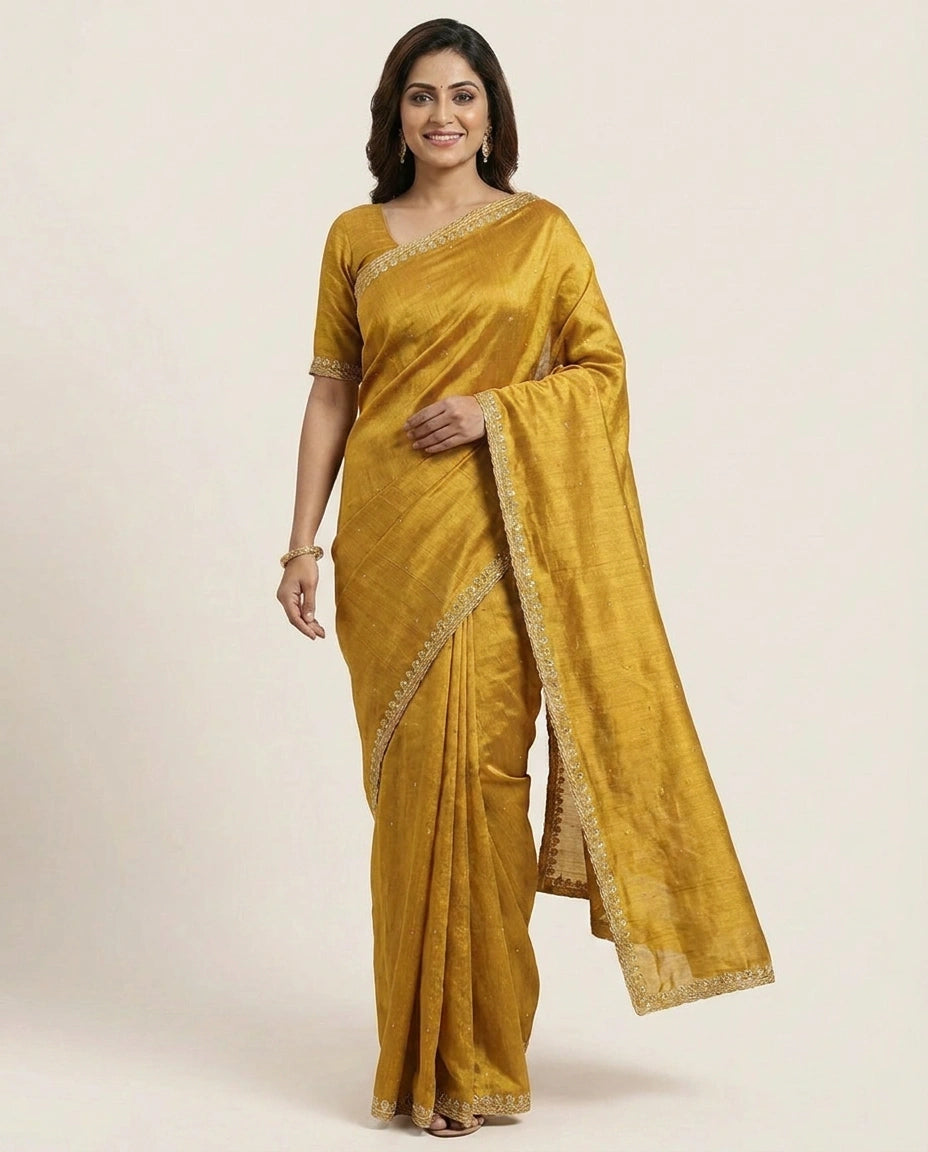 Tussar Silk Embroidered Saree with Border - Rangoli India
