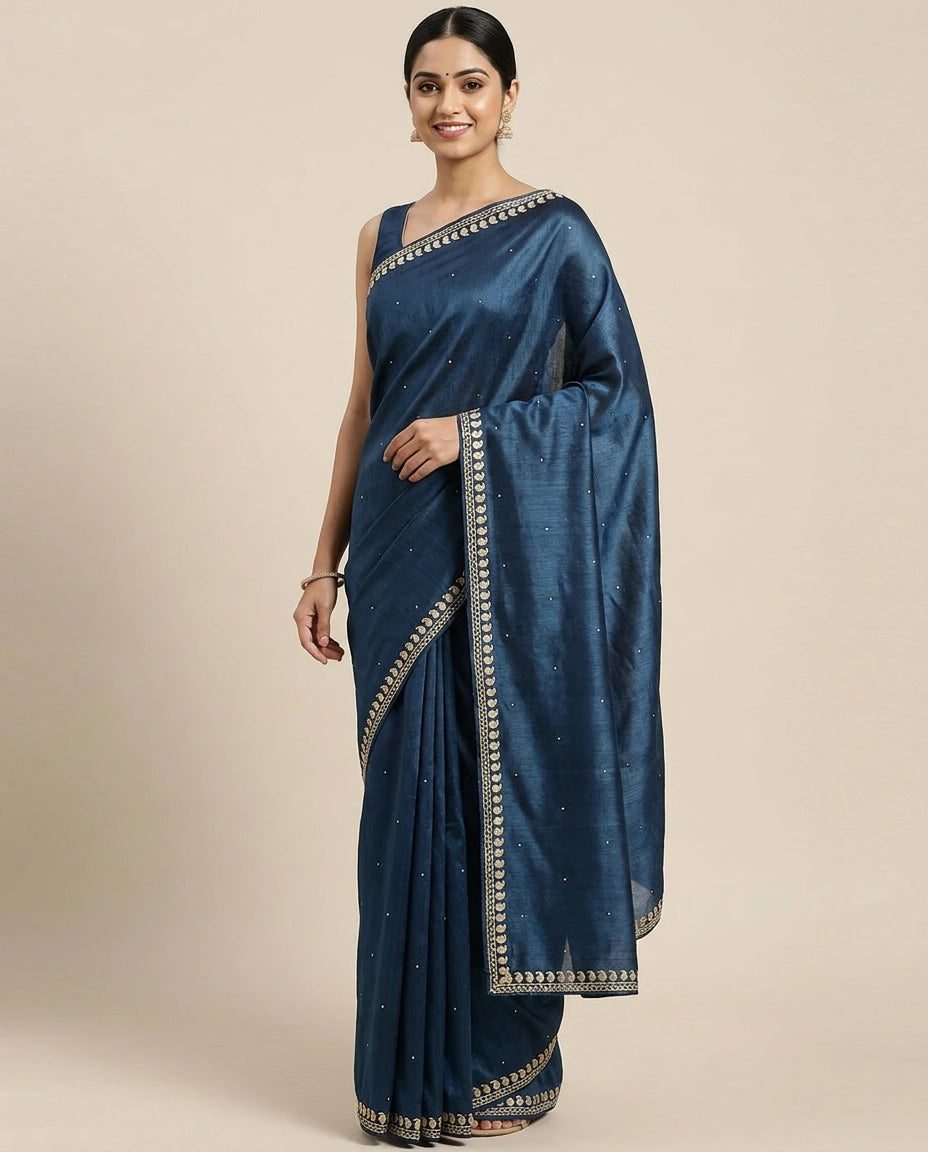 Tussar Silk Embroidered Saree with Border - Rangoli India