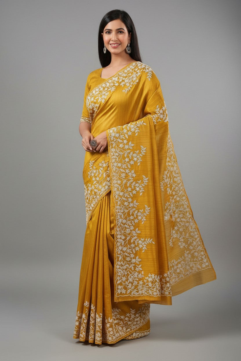 Handcrafted Tussar Silk Embroidery Saree - Rangoli Sarees