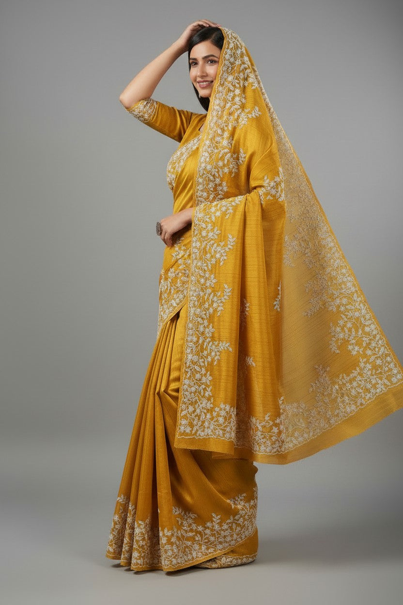 Handcrafted Tussar Silk Embroidery Saree - Rangoli Sarees