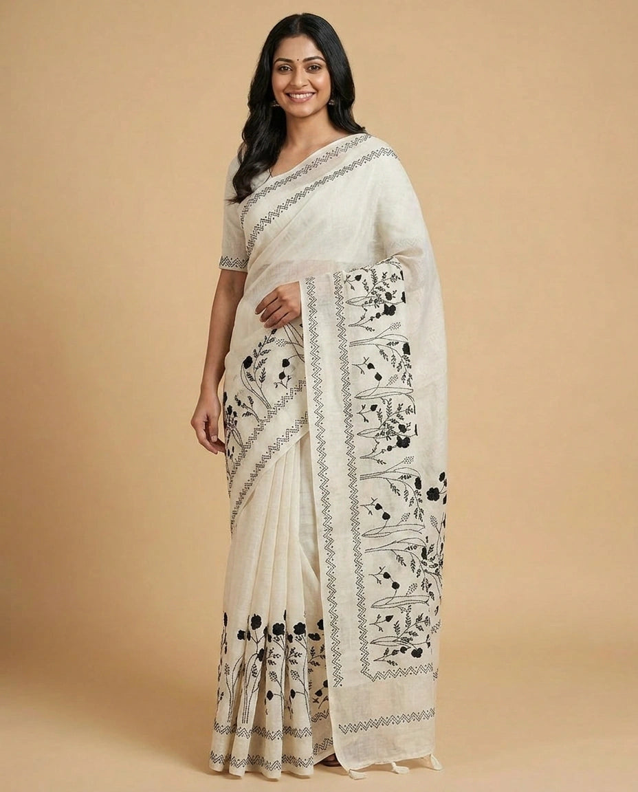 Woman wearing a white saree with black floral patterns on a beige background