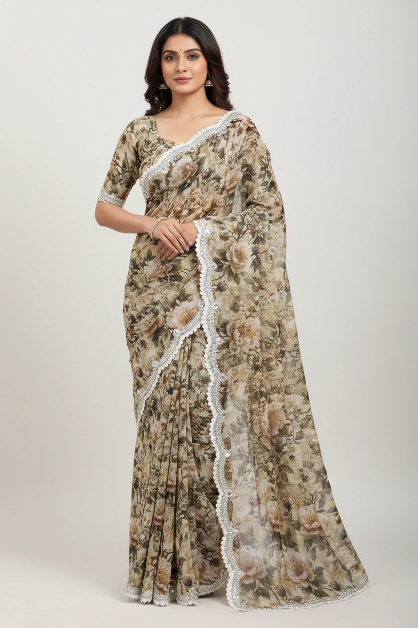 Designer Chinon Chiffon Embroidered Saree - Beige/Magenta | Rangoli