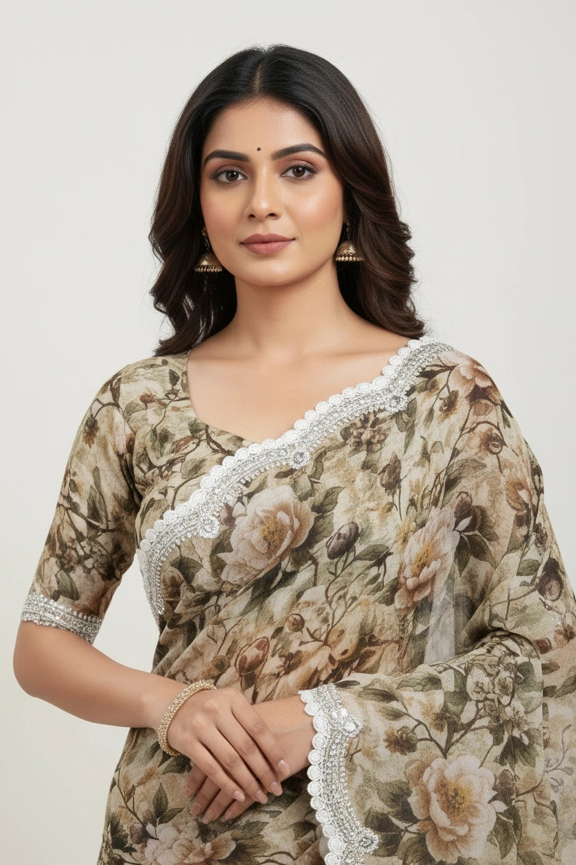 Designer Chinon Chiffon Embroidered Saree - Sea Green | Rangoli