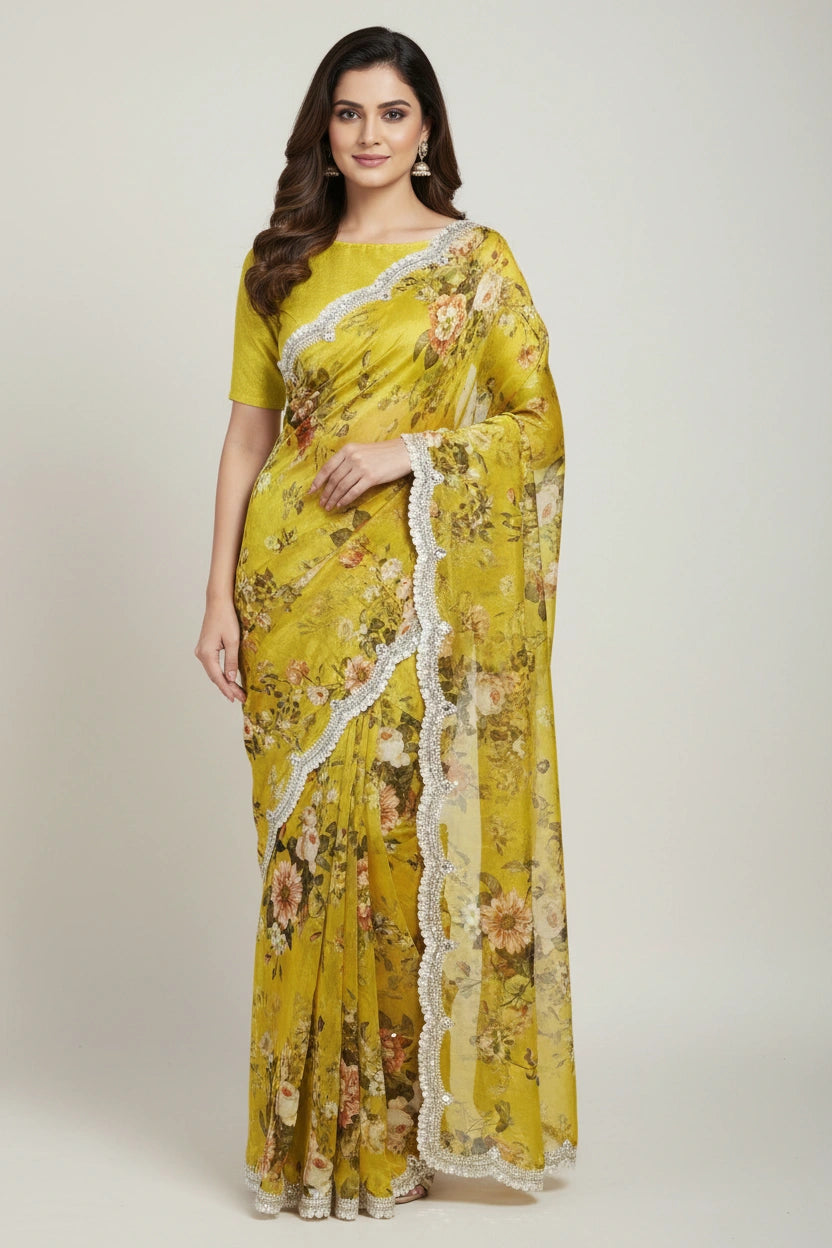 Designer Chinon Chiffon Embroidered Saree - Mustard | Rangoli