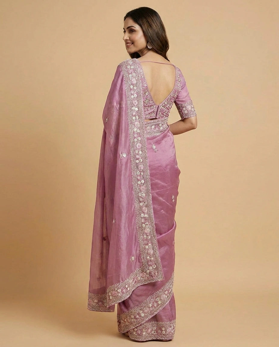 Silk Saree with Mirror and Cutdana Detailing Online India - Rangoli India