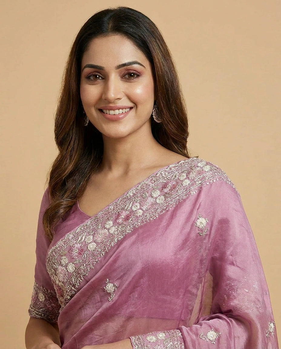 Silk Saree with Mirror and Cutdana Detailing Online India - Rangoli India