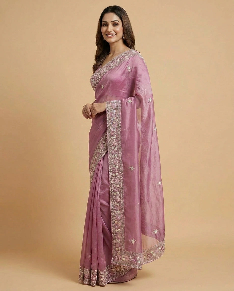 Silk Saree with Mirror and Cutdana Detailing Online India - Rangoli India
