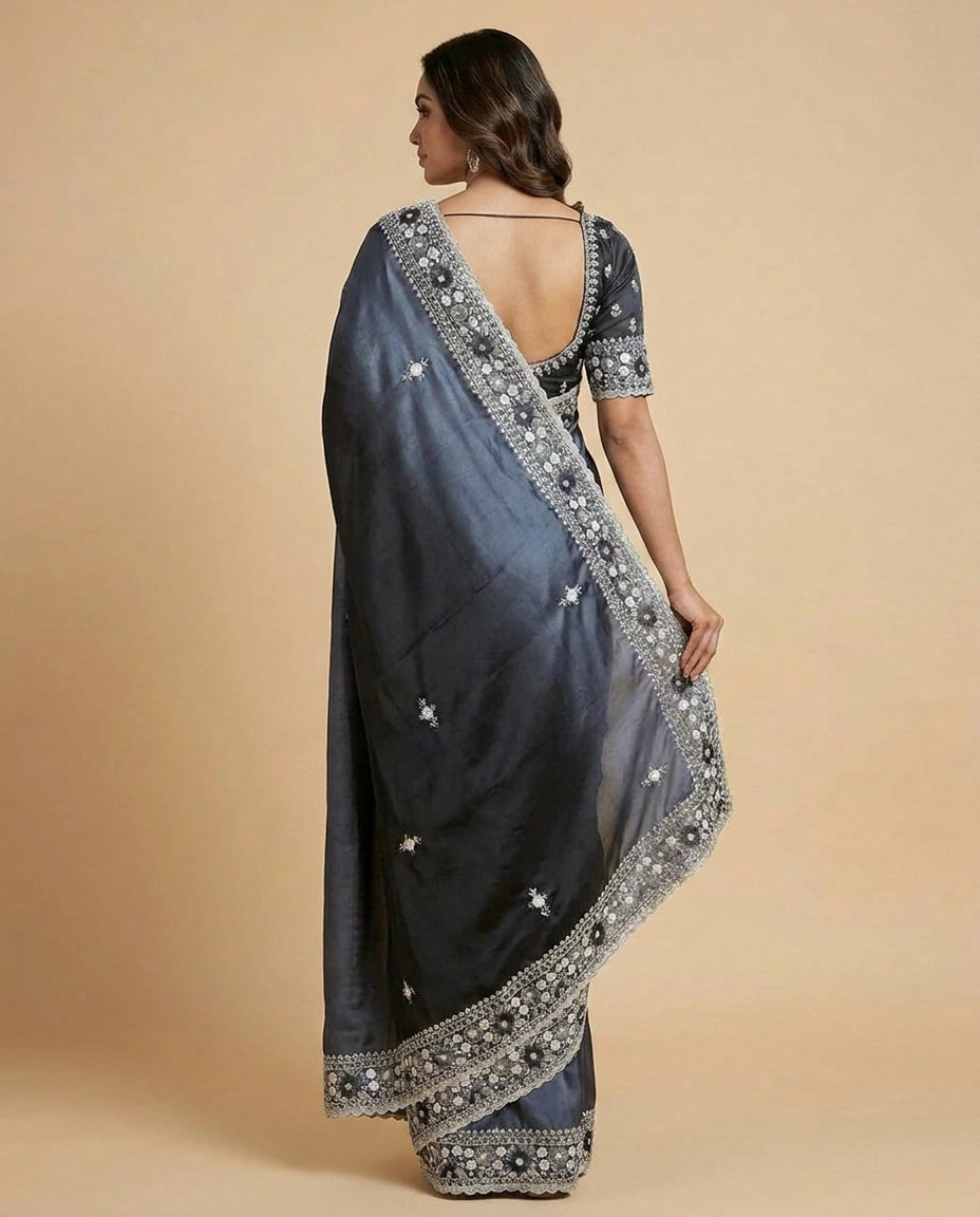 Silk Saree with Mirror and Cutdana Detailing Online India - Rangoli India
