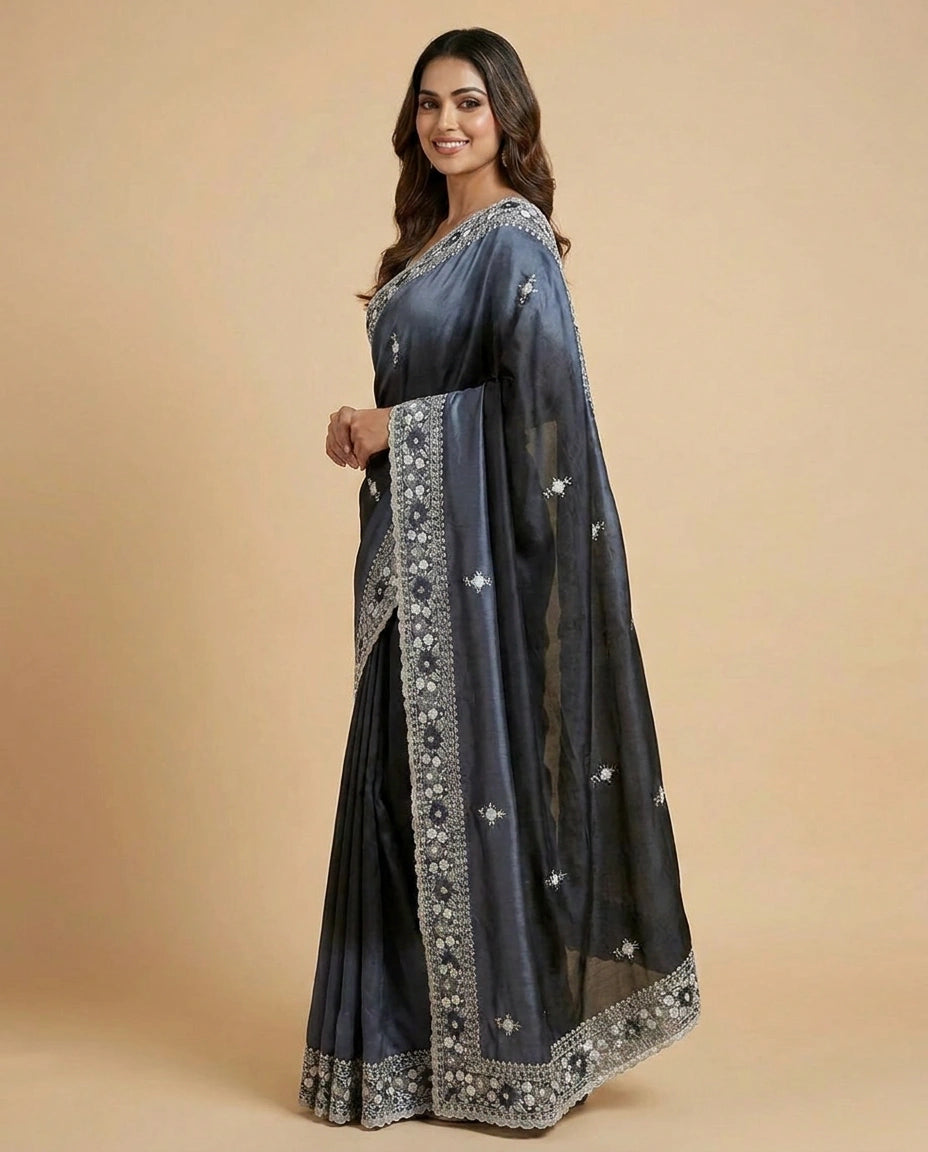 Silk Saree with Mirror and Cutdana Detailing Online India - Rangoli India