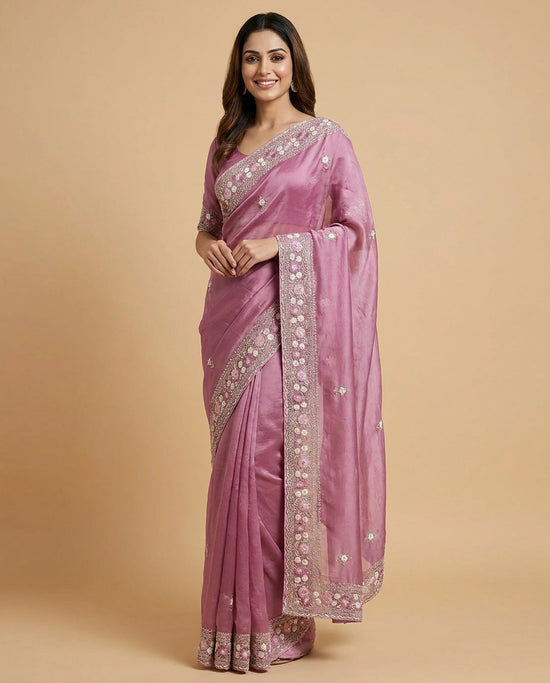 Silk Saree with Mirror and Cutdana Detailing Online India - Rangoli India