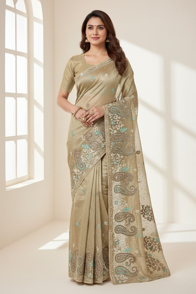 Artisan Kota Tissue Embroidered Saree - Beige/Mustard | Rangoli