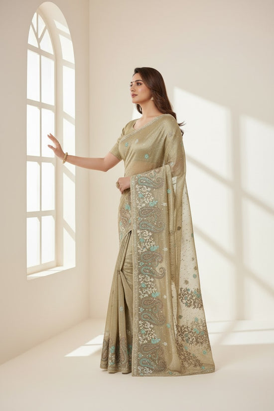 Artisan Kota Tissue Embroidered Saree - Beige/Pink | Rangoli