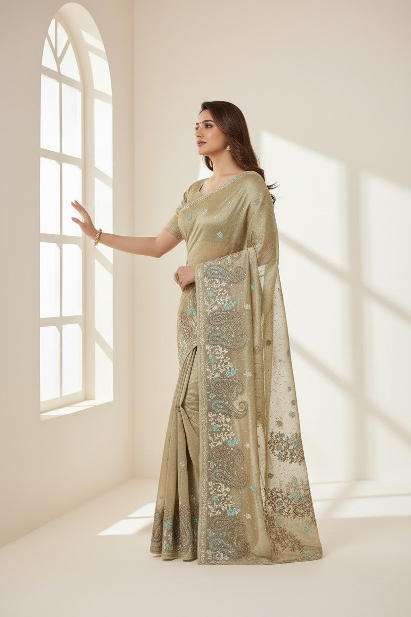 Artisan Kota Tissue Embroidered Saree - Beige/Pink | Rangoli
