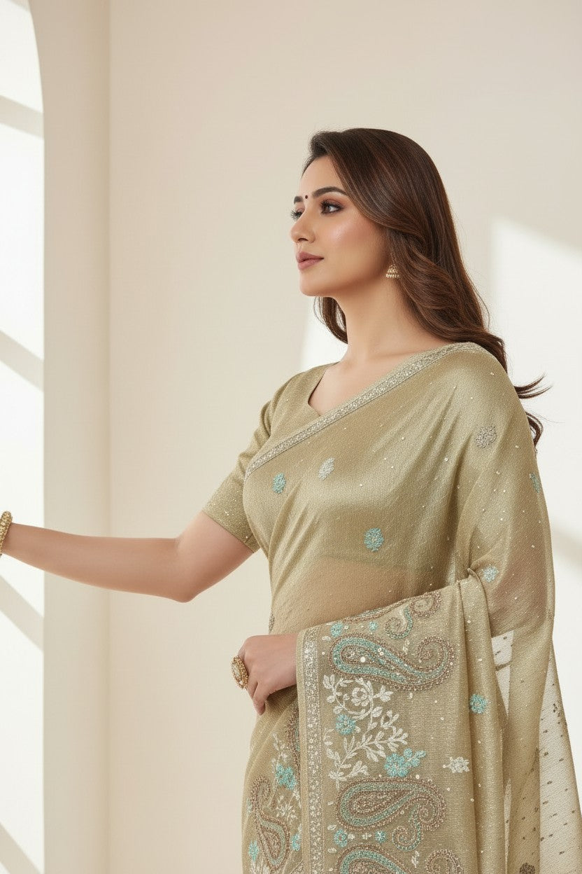 Artisan Kota Tissue Embroidered Saree - Beige/Peach | Rangoli