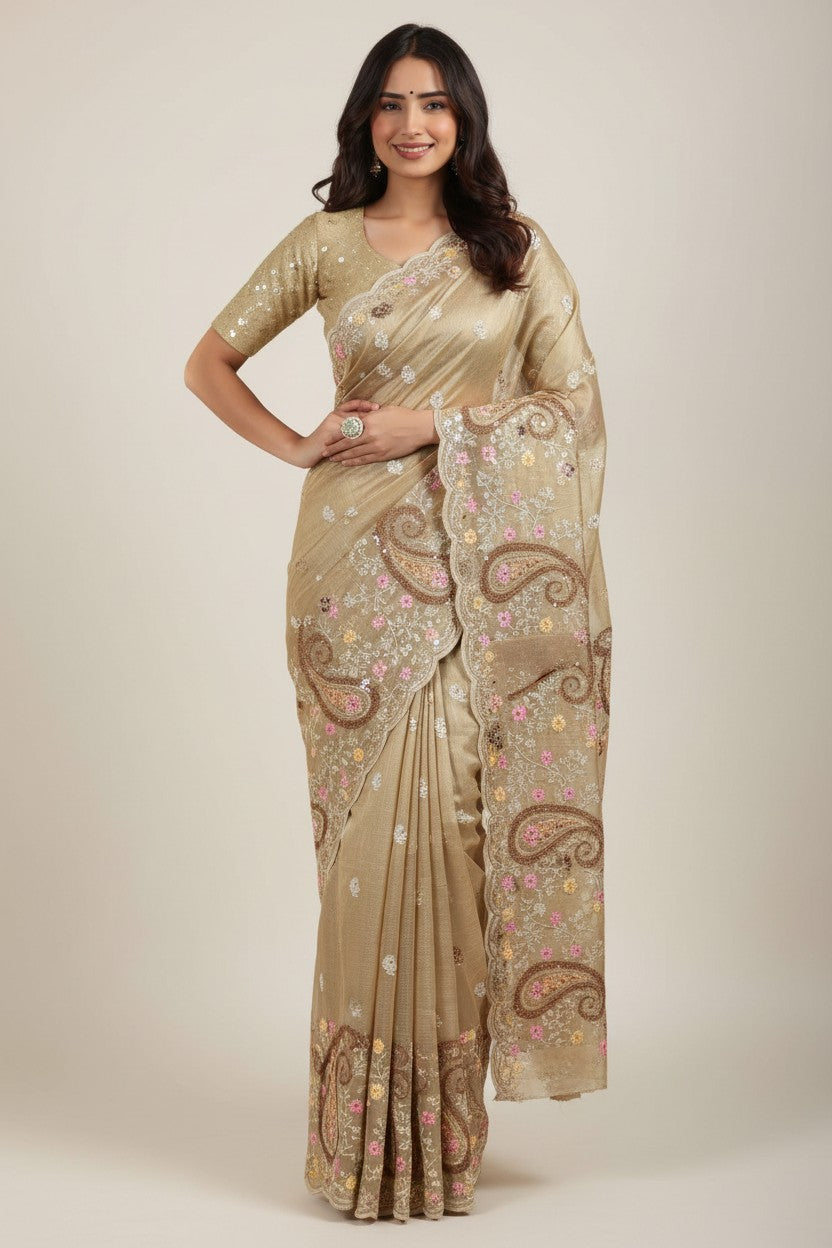 Artisan Kota Tissue Embroidered Saree - Beige/Firozi | Rangoli