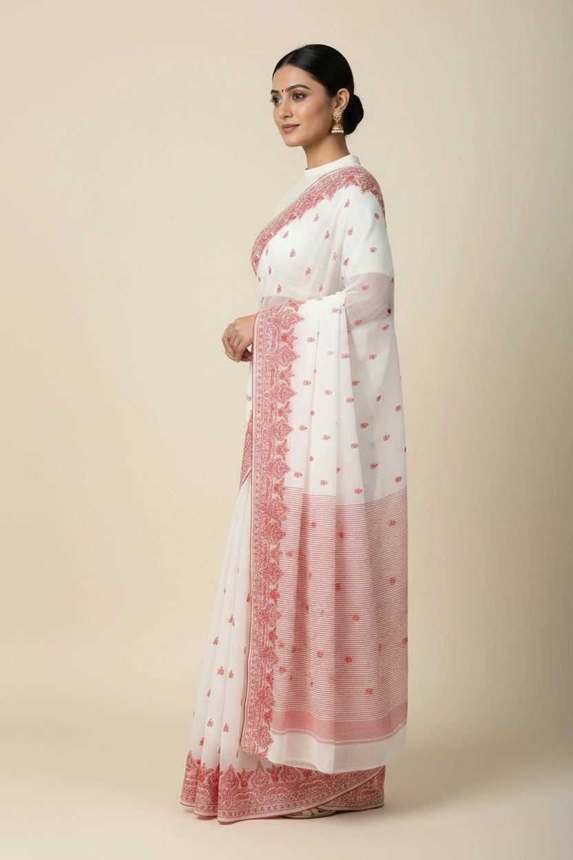 Classic White Red Bengal Cotton Saree - cotton Indian ethnic wear by Rangoli