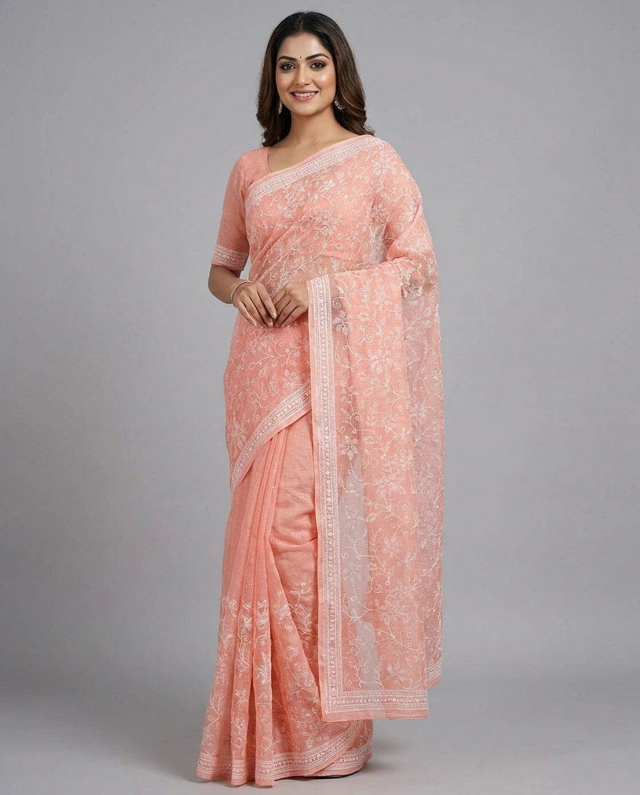 Woman wearing a peach saree with a plain background