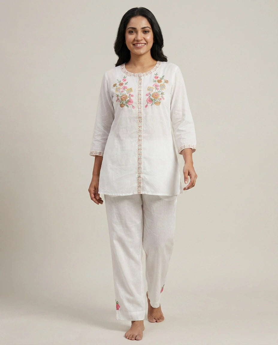 White Cotton Co-ord Set - Rangoli India