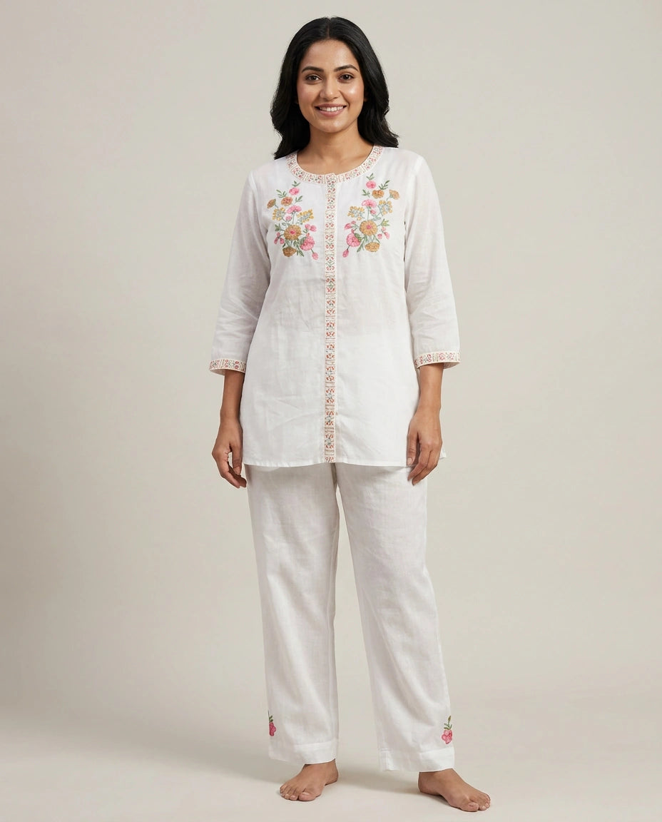 White Cotton Co-ord Set - Rangoli India