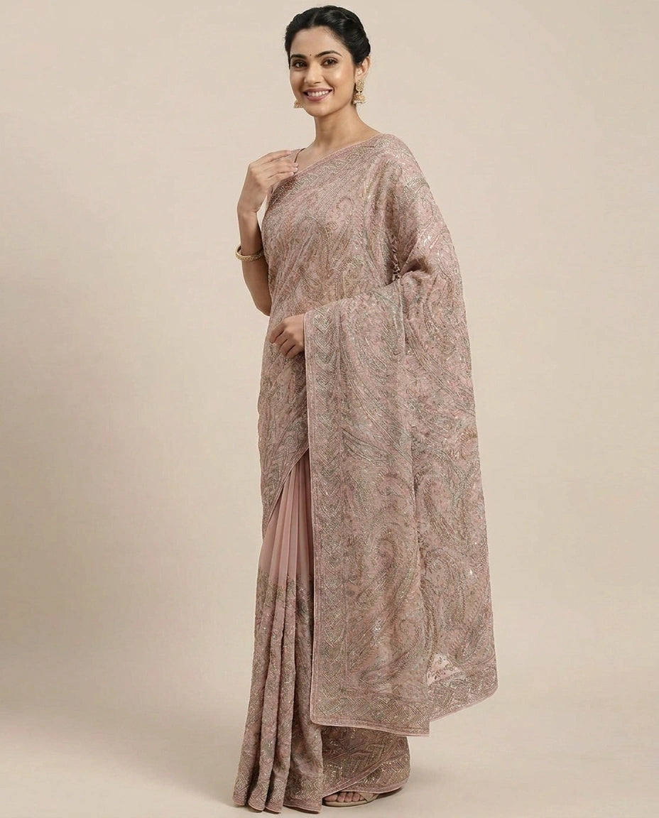 Georgette Resham Embroidered Saree - Rangoli India