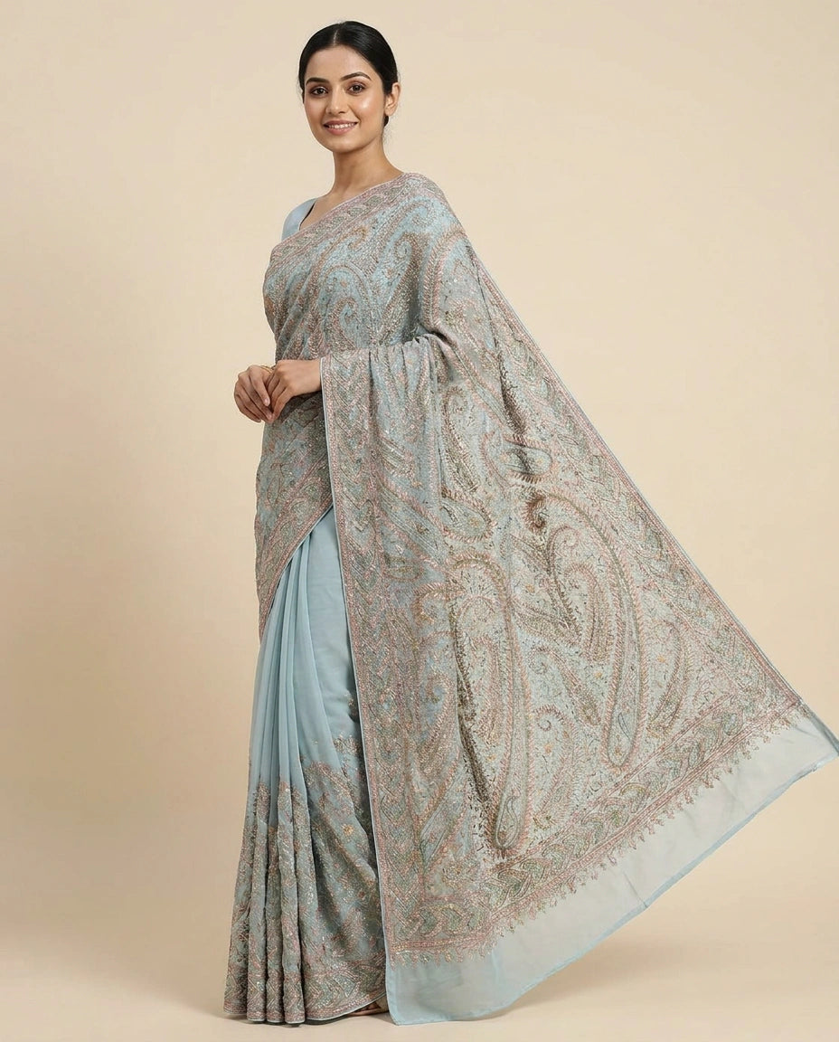 Georgette Resham Embroidered Saree - Rangoli India