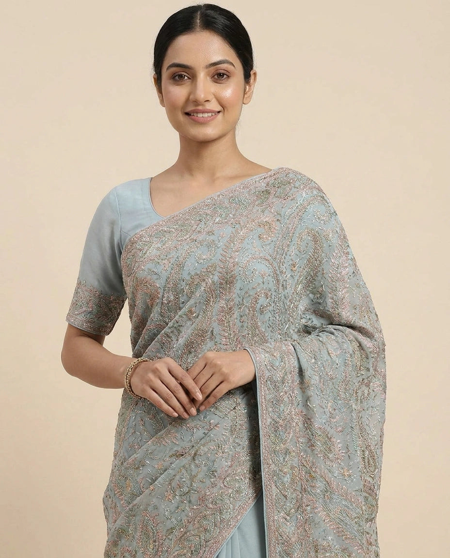 Georgette Resham Embroidered Saree - Rangoli India