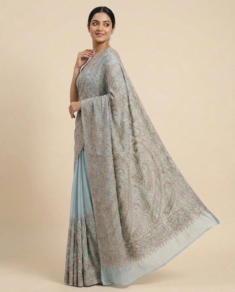 Georgette Resham Embroidered Saree - Rangoli India