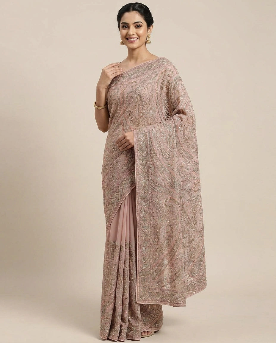 Georgette Resham Embroidered Saree - Rangoli India