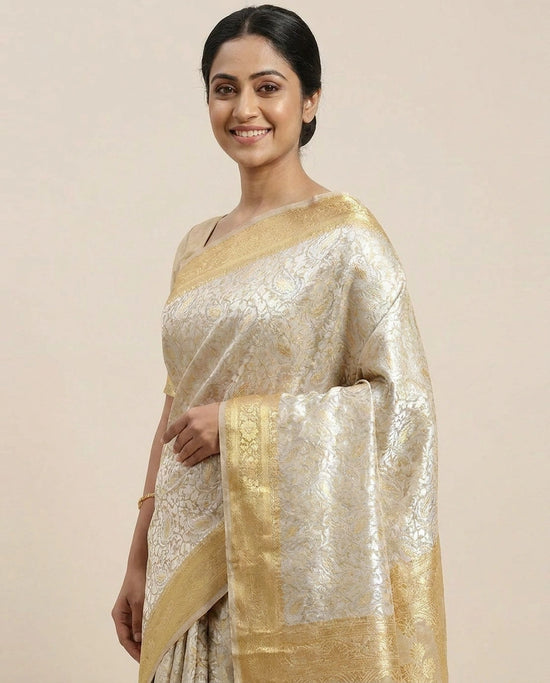 Beige Banarasi Saree in Tussar Khaddi - Rangoli India