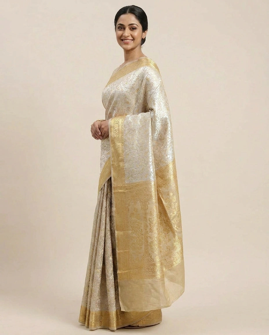 Beige Banarasi Saree in Tussar Khaddi - Rangoli India